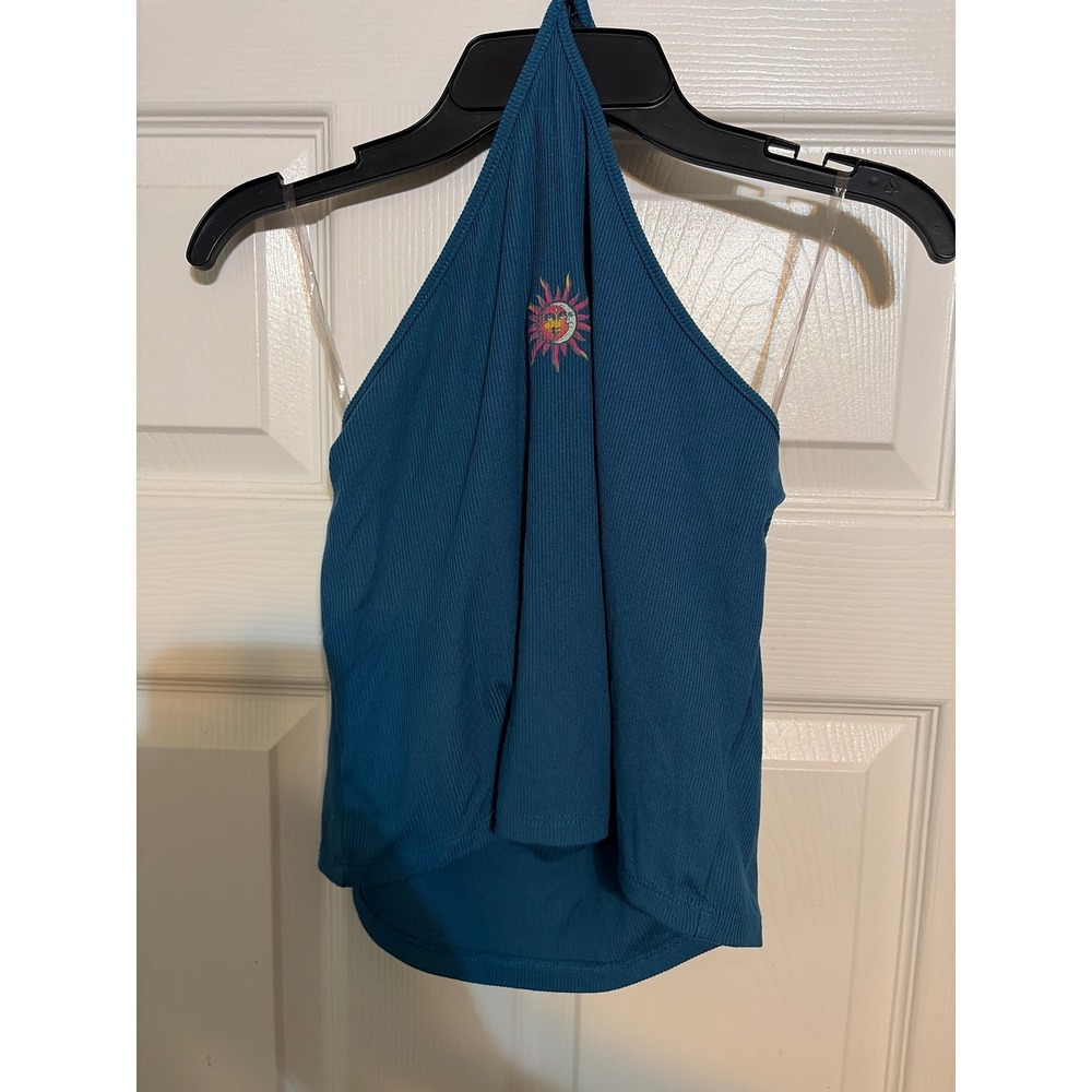 Obsessive Love Teal Blue Ribbed Halter Top Sun Moon Graphic Low Back Womens XL